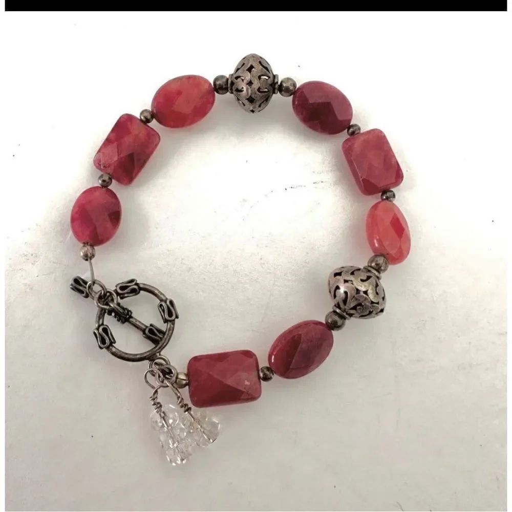 red aventurine and silver beaded bracelet